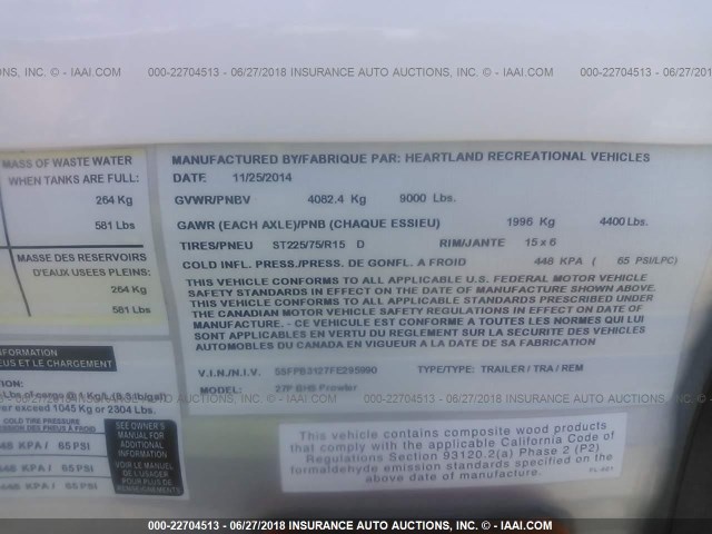 5SFPB3127FE295990 - 2015 HEARTLAND PROWLER  WHITE photo 9