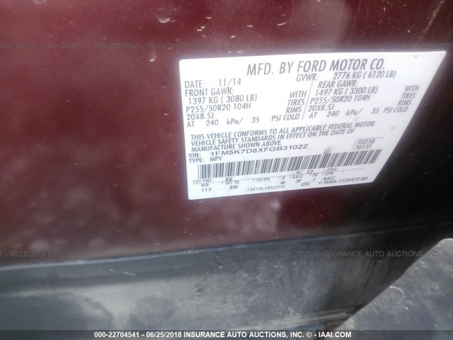 1FM5K7D8XFGB31022 - 2015 FORD EXPLORER XLT RED photo 9