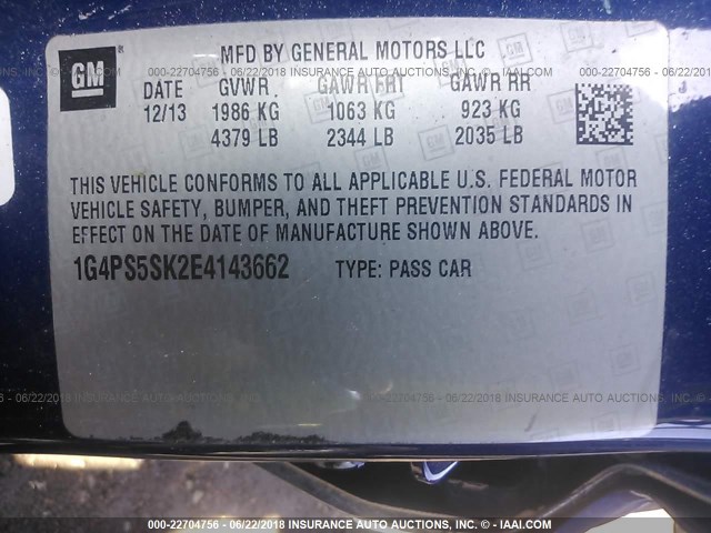 1G4PS5SK2E4143662 - 2014 BUICK VERANO BLUE photo 9