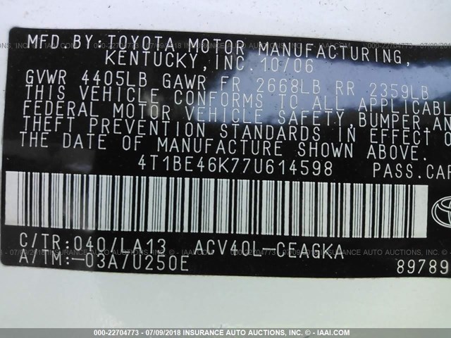 4T1BE46K77U614598 - 2007 TOYOTA CAMRY NEW GENERAT CE/LE/XLE/SE WHITE photo 9