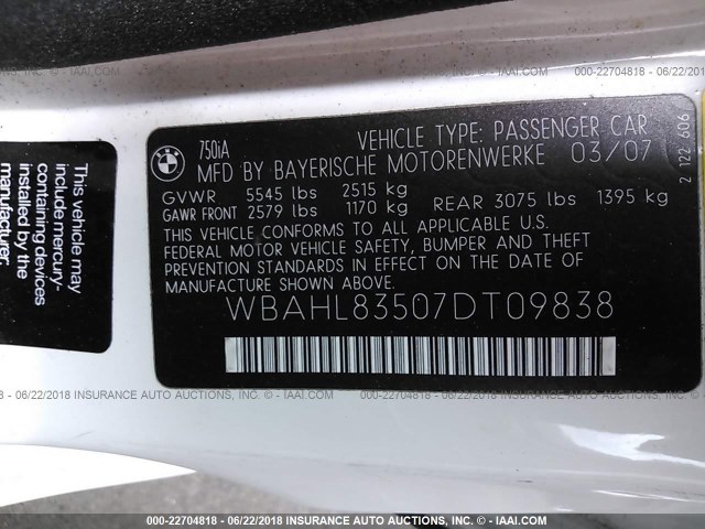 WBAHL83507DT09838 - 2007 BMW 750 I WHITE photo 9