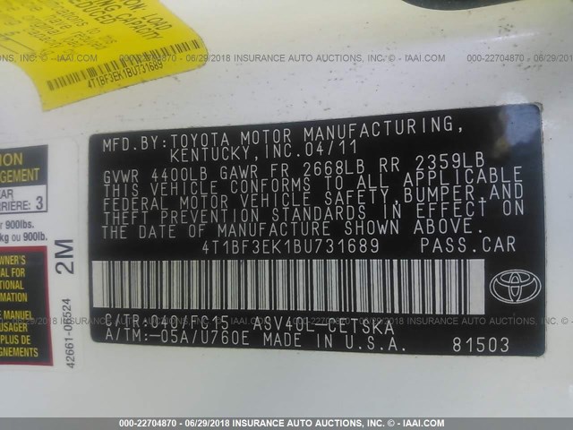 4T1BF3EK1BU731689 - 2011 TOYOTA CAMRY SE/LE/XLE WHITE photo 9