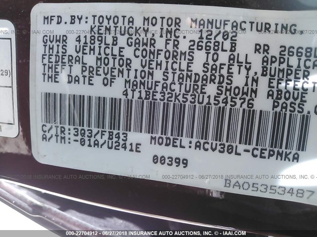 4T1BE32K53U154576 - 2003 TOYOTA CAMRY LE/XLE/SE წითელი ფოტო 9