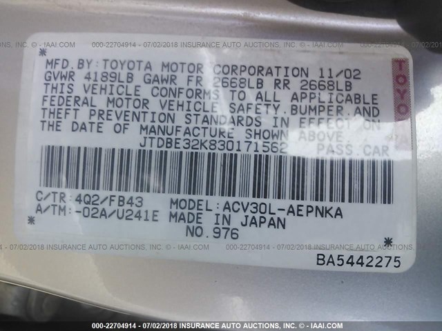 JTDBE32K830171562 - 2003 TOYOTA CAMRY LE/XLE Champagne photo 9