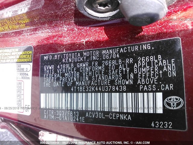 4T1BE32K44U378438 - 2004 TOYOTA CAMRY LE/XLE/SE 红色 照片 9