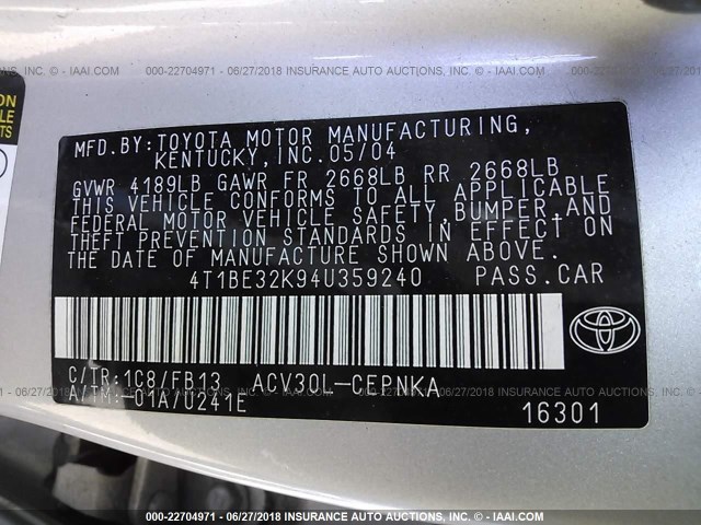 4T1BE32K94U359240 - 2004 TOYOTA CAMRY LE/XLE/SE 银色 照片 9