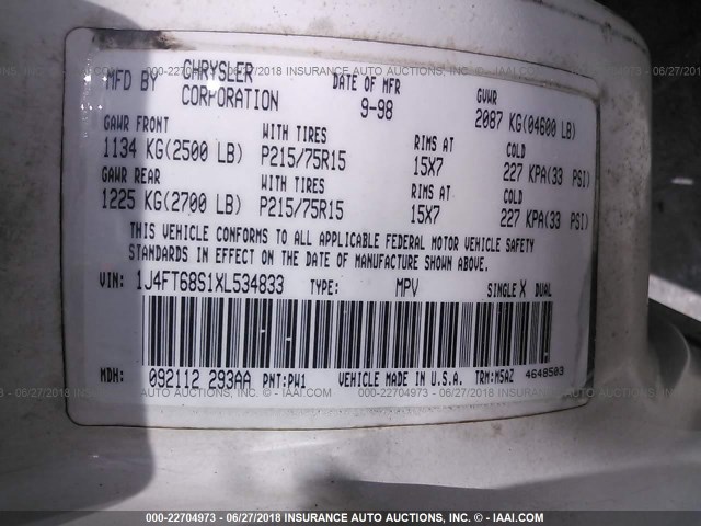 1J4FT68S1XL534833 - 1999 JEEP CHEROKEE SPORT/CLASSIC თეთრი ფოტო 9