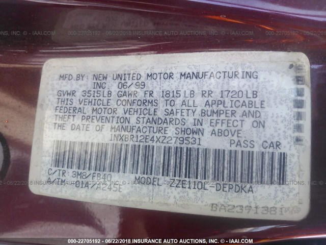 1NXBR12E4XZ279531 - 1999 TOYOTA COROLLA VE/CE/LE RED photo 9