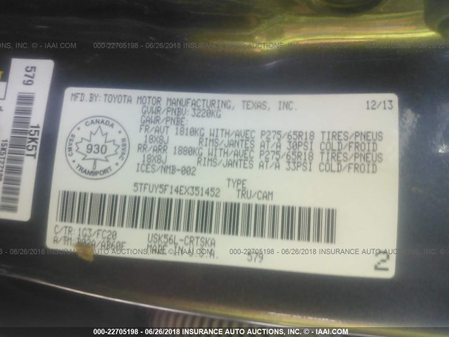 5TFUY5F14EX351452 - 2014 TOYOTA TUNDRA DOUBLE CAB SR/SR5 GRAY photo 9