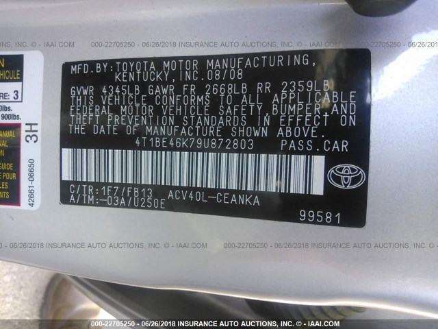 4T1BE46K79U872803 - 2009 TOYOTA CAMRY SE/LE/XLE 银色 照片 9