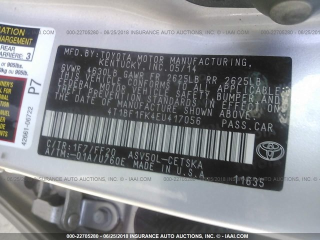 4T1BF1FK4EU417056 - 2014 TOYOTA CAMRY L/SE/LE/XLE Gümüş foto 9