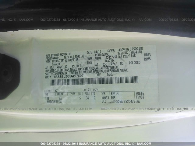 1FTSS3EL5CDA97507 - 2012 FORD ECONOLINE E350 SUPER DUTY VAN WHITE photo 9