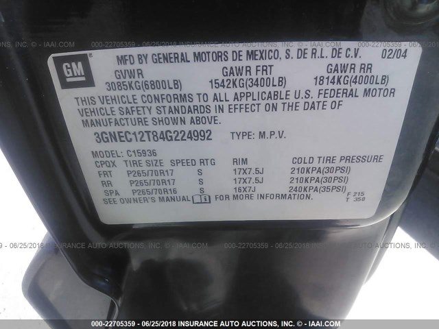 3GNEC12T84G224992 - 2004 CHEVROLET AVALANCHE C1500 BLACK photo 9