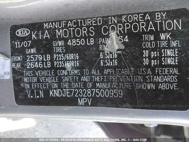 KNDJE723287500959 - 2008 KIA SPORTAGE EX/LX GRAY photo 9