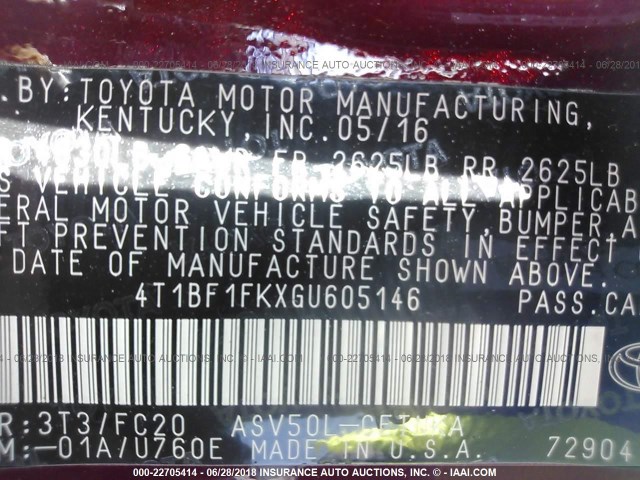 4T1BF1FKXGU605146 - 2016 TOYOTA CAMRY LE/XLE/SE/XSE MAROON photo 9