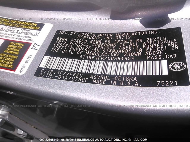 4T1BF1FK7CU584654 - 2012 TOYOTA CAMRY SE/LE/XLE SILVER photo 9