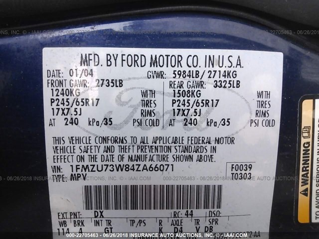 1FMZU73W84ZA66071 - 2004 FORD EXPLORER XLT/XLT SPORT/NBX 蓝色 照片 9