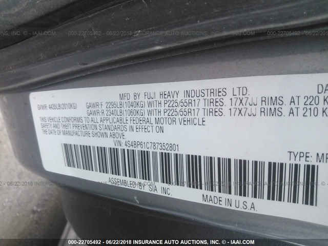 4S4BP61C787352801 - 2008 SUBARU OUTBACK 2.5I SILVER photo 9