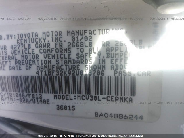 4T1BF32K92U018706 - 2002 TOYOTA CAMRY LE/XLE/SE თეთრი ფოტო 9