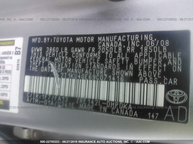 2T1KU40E69C071416 - 2009 TOYOTA COROLLA MATRIX  SILVER photo 9
