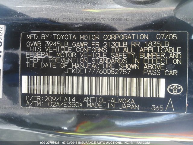 JTKDE177760082757 - 2006 TOYOTA SCION TC BLACK photo 9