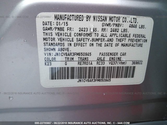 JN1CV6AR3FM650945 - 2015 INFINITI Q40 SILVER photo 9