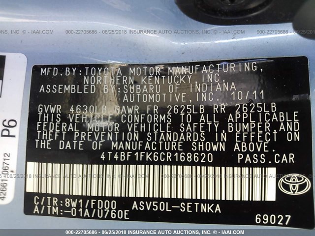 4T4BF1FK6CR168620 - 2012 TOYOTA CAMRY SE/LE/XLE 蓝色 照片 9