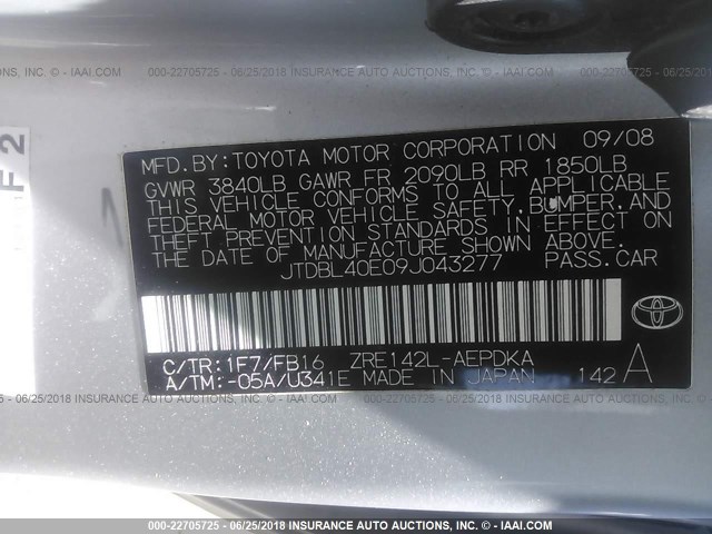 JTDBL40E09J043277 - 2009 TOYOTA COROLLA LE/XLE SILVER photo 9