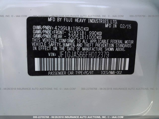 JF1GJAS66FH012379 - 2015 SUBARU IMPREZA SPORT LIMITED WHITE photo 9