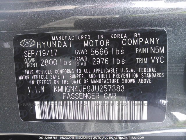 KMHGN4JF9JU257383 - 2018 GENESIS G80 ULTIMATE GRAY photo 9