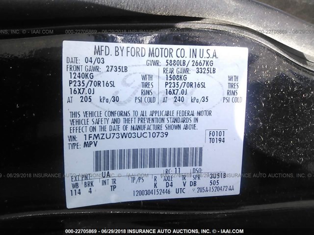 1FMZU73W03UC10739 - 2003 FORD EXPLORER XLT/XLT SPORT/NBX 黑色 照片 9