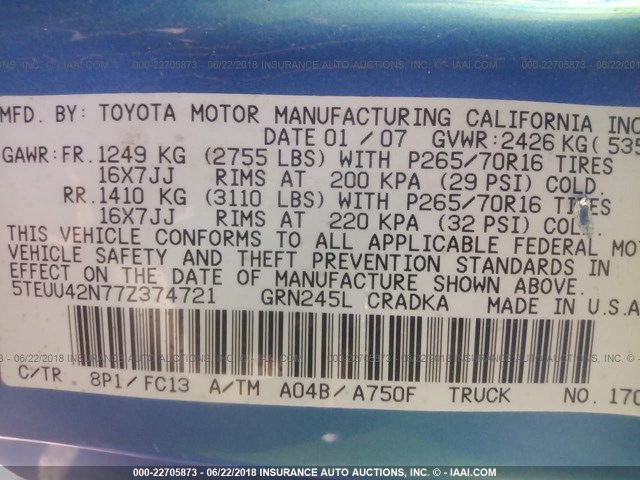 5TEUU42N77Z374721 - 2007 TOYOTA TACOMA ACCESS CAB BLUE photo 9