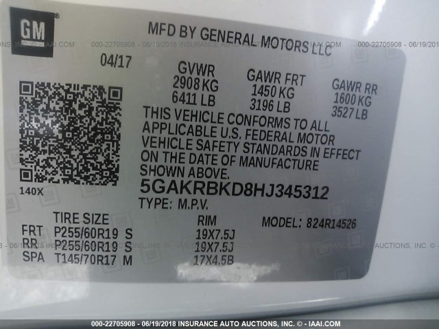 5GAKRBKD8HJ345312 - 2017 BUICK ENCLAVE WHITE photo 9