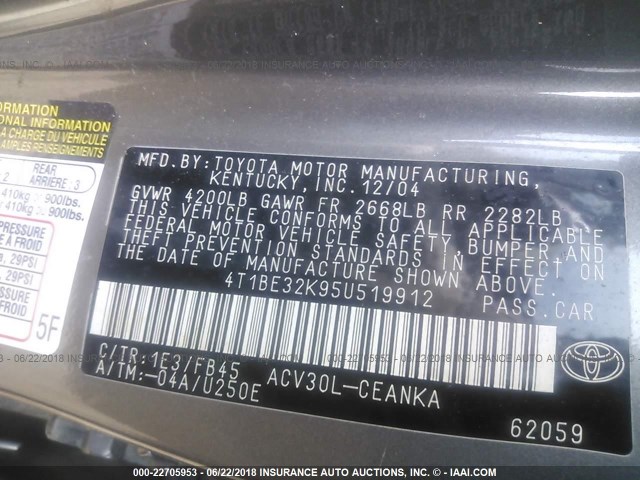 4T1BE32K95U519912 - 2005 TOYOTA CAMRY LE/XLE/SE Boz foto 9