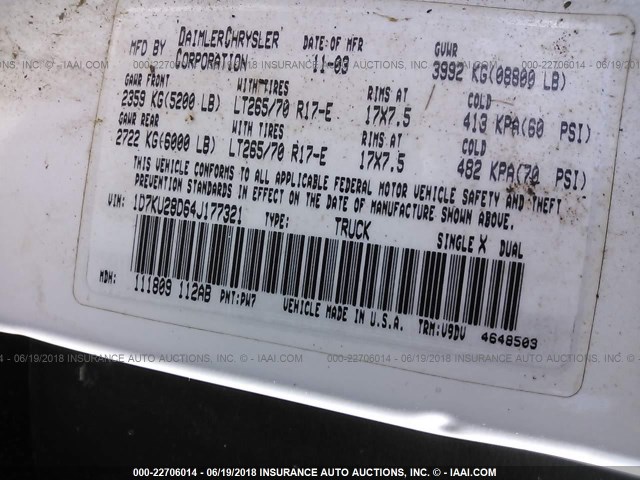 1D7KU28D64J177321 - 2004 DODGE RAM 2500 ST/SLT WHITE photo 9