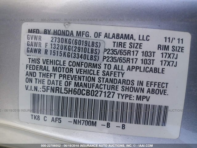 5FNRL5H60CB027127 - 2012 HONDA ODYSSEY EXL SILVER photo 9