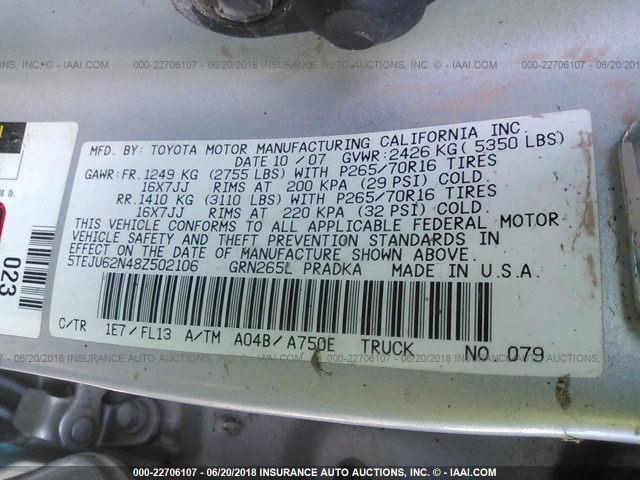 5TEJU62N48Z502106 - 2008 TOYOTA TACOMA DOUBLE CAB PRERUNNER SILVER photo 9