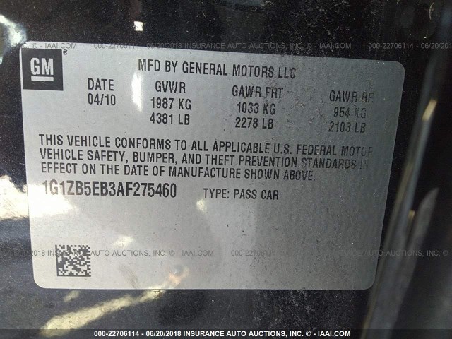 1G1ZB5EB3AF275460 - 2010 CHEVROLET MALIBU LS 黑色 照片 9