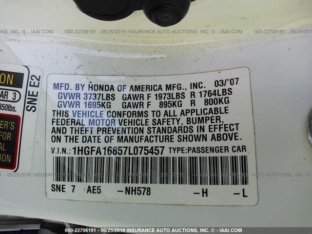 1HGFA16857L075457 - 2007 HONDA CIVIC EX WHITE photo 9