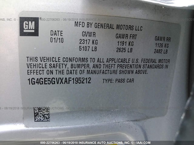 1G4GE5GVXAF195212 - 2010 BUICK LACROSSE CXS SILVER photo 9