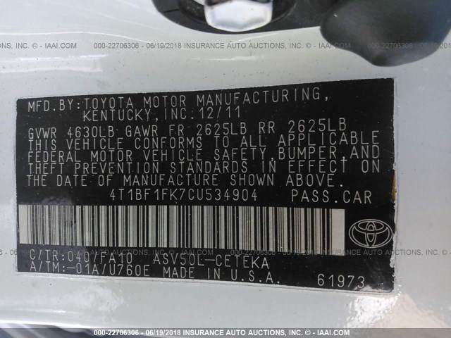 4T1BF1FK7CU534904 - 2012 TOYOTA CAMRY SE/LE/XLE WHITE photo 9
