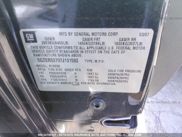 5GZER33797J131582 - 2007 SATURN OUTLOOK SPECIAL ნაცრისფერი ფოტო 9