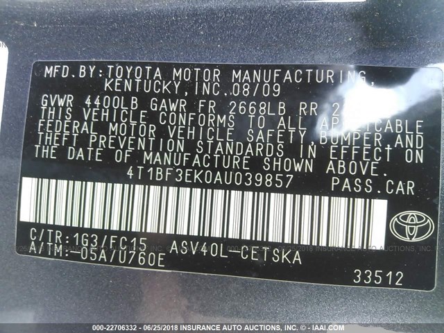 4T1BF3EK0AU039857 - 2010 TOYOTA CAMRY SE/LE/XLE 灰色 照片 9