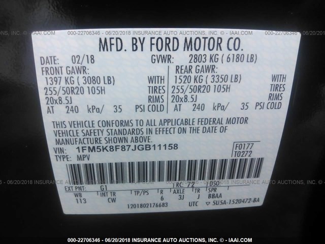 1FM5K8F87JGB11158 - 2018 FORD EXPLORER LIMITED 黑色 照片 9