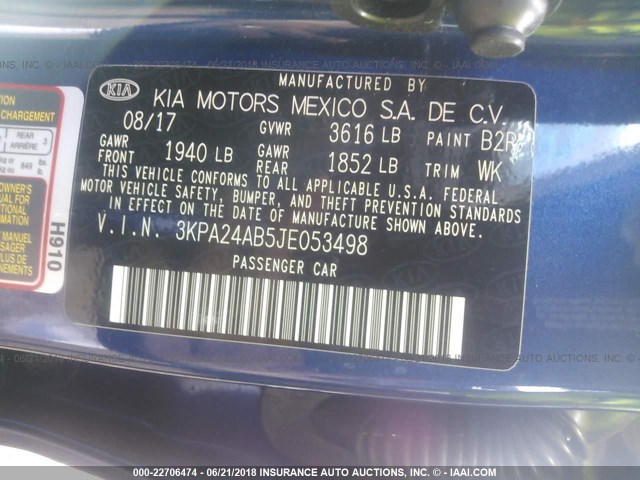 3KPA24AB5JE053498 - 2018 KIA RIO LX/S BLUE photo 9