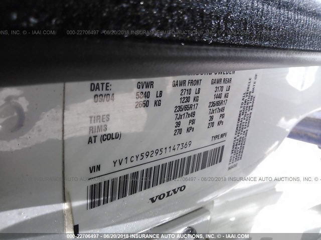 YV1CY592951147369 - 2005 VOLVO XC90 WHITE photo 9