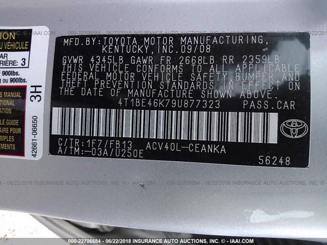 4T1BE46K79U877323 - 2009 TOYOTA CAMRY SE/LE/XLE SILVER photo 9