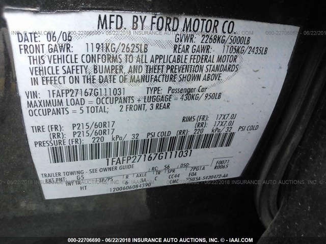 1FAFP27167G111031 - 2007 FORD FIVE HUNDRED SEL GRAY photo 9