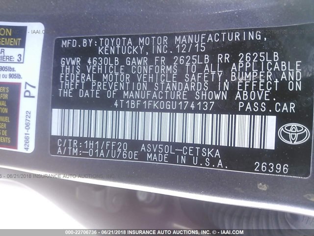 4T1BF1FK0GU174137 - 2016 TOYOTA CAMRY LE/XLE/SE/XSE GRAY photo 9