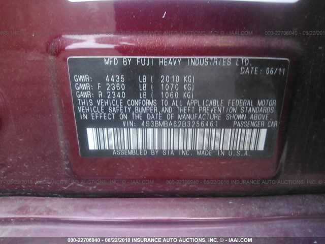 4S3BMBA62B3256461 - 2011 SUBARU LEGACY 2.5I RED photo 9